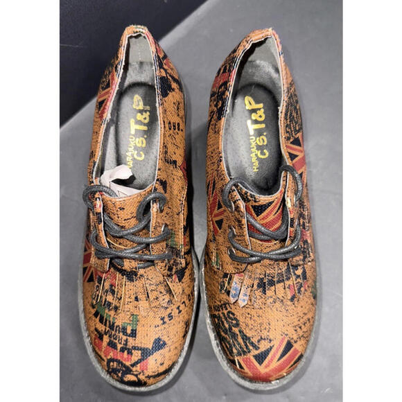CS T&P Harajuku Platform Shoes UK Punk Print Brown Chunky Lace Up Goth Size M - Picture 3 of 15
